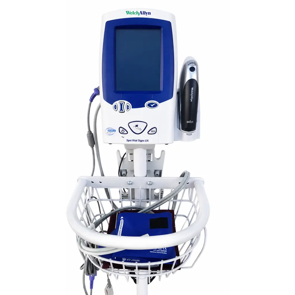 Welch Allyn spot vital signs 450T0-E1 monitor in white and blue with matching handheld device and mobile stand accessories