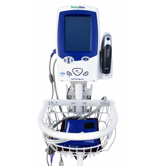 Welch Allyn spot vital signs 450T0-E1 monitor in white and blue with matching handheld device and mobile stand accessories