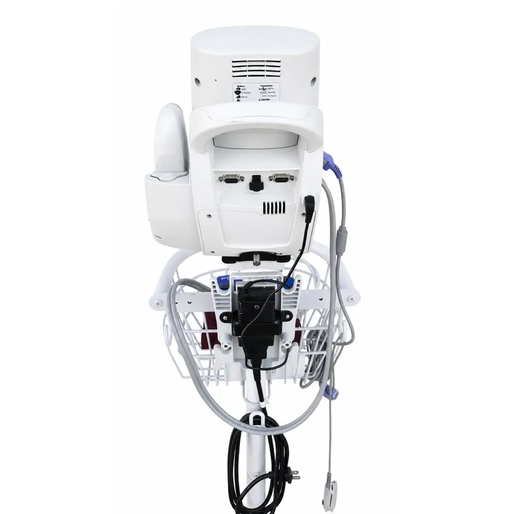 White welch allyn spot vital signs 450t0-e1 monitor with mobile stand back view showing cable organizer and ports
