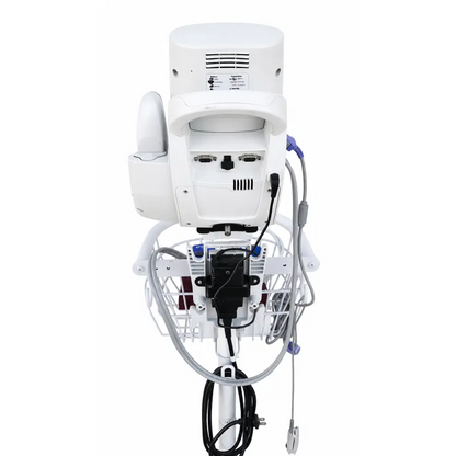 White welch allyn spot vital signs 450t0-e1 monitor with mobile stand back view showing cable organizer and ports