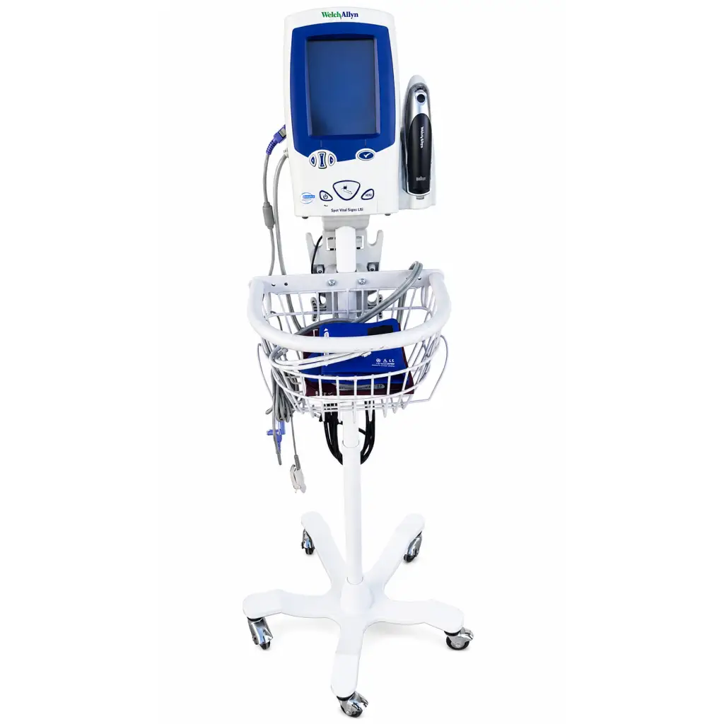White medical cart with blue and white welch allyn spot vital signs monitor and wire basket holding supplies