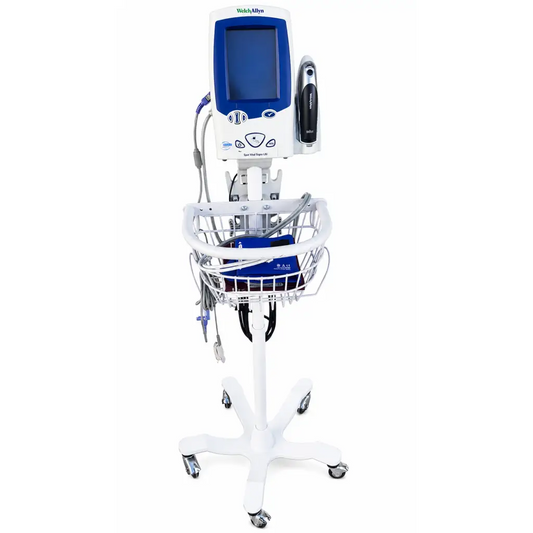 White medical cart with blue and white welch allyn spot vital signs monitor and wire basket holding supplies