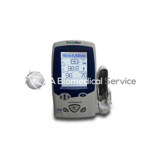 Welch Allyn Spot Vital Signs Lxi portable patient monitor with gray and blue display showing vital signs readings