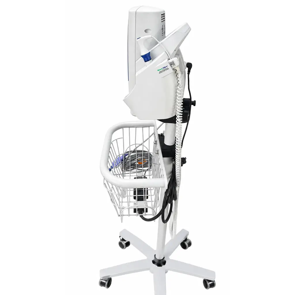 White medical cart with wire basket and wheeled base featuring welch allyn spot vital signs lxi monitor unit