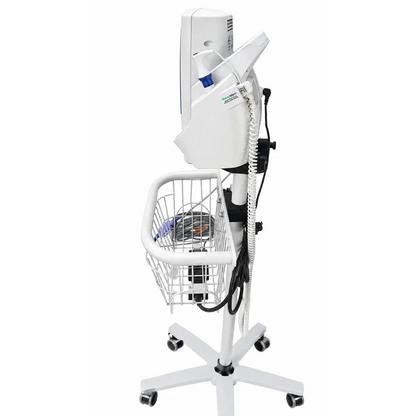 White medical cart with wire basket and wheeled base featuring welch allyn spot vital signs lxi monitor unit