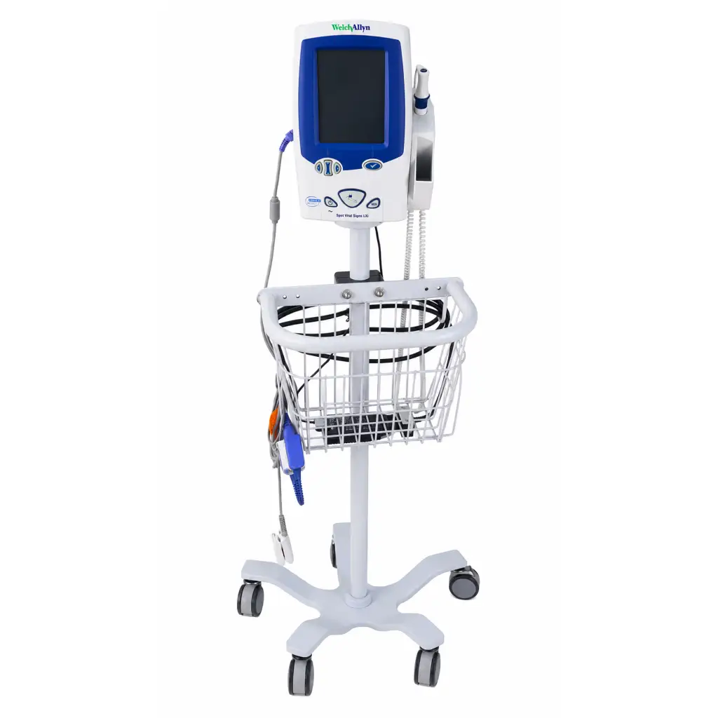 White and blue welch allyn spot vital signs lxi monitor 45nt0 with wire basket on wheeled mobile stand biomed certified