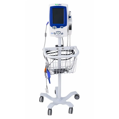 White and blue welch allyn spot vital signs lxi monitor 45nt0 with wire basket on wheeled mobile stand biomed certified