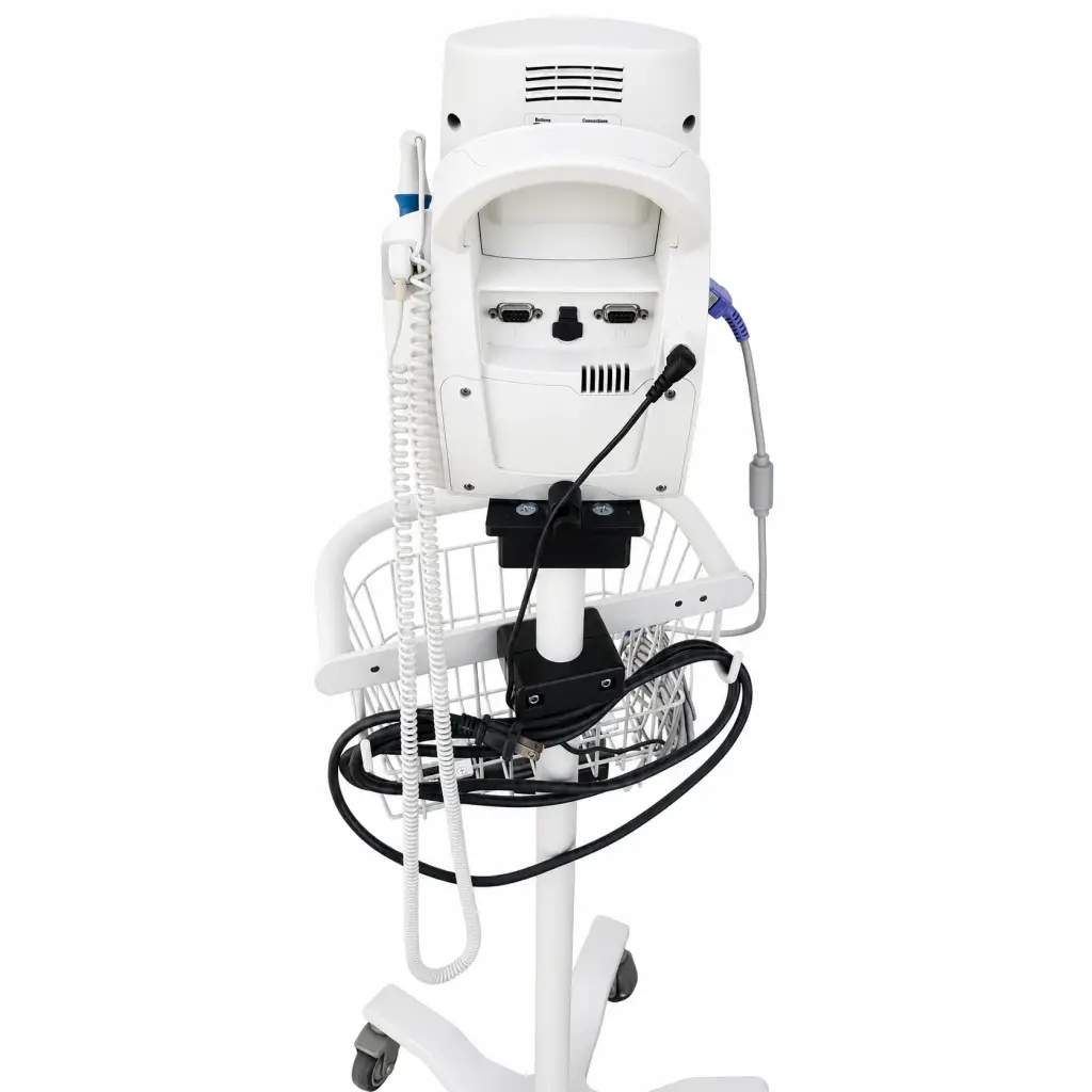 White medical-grade welch allyn spot vital signs lxi monitor 45nt0 with mobile stand and wire basket on wheeled cart