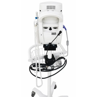 White medical-grade welch allyn spot vital signs lxi monitor 45nt0 with mobile stand and wire basket on wheeled cart