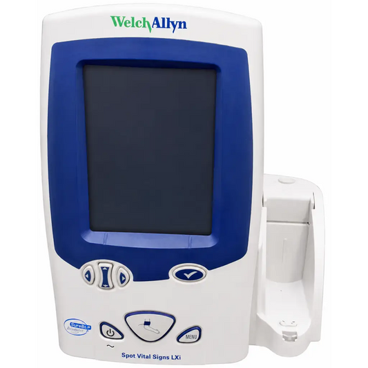 Welch Allyn Spot vital signs LXi monitor with white and blue touchscreen and docking station for medical use