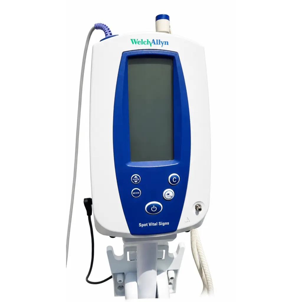 Welch Allyn spot vital signs monitor biomed certified with white and blue casing, digital screen, control buttons, and tubing