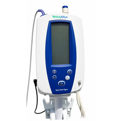 Welch Allyn spot vital signs monitor biomed certified with white and blue casing, digital screen, control buttons, and tubing