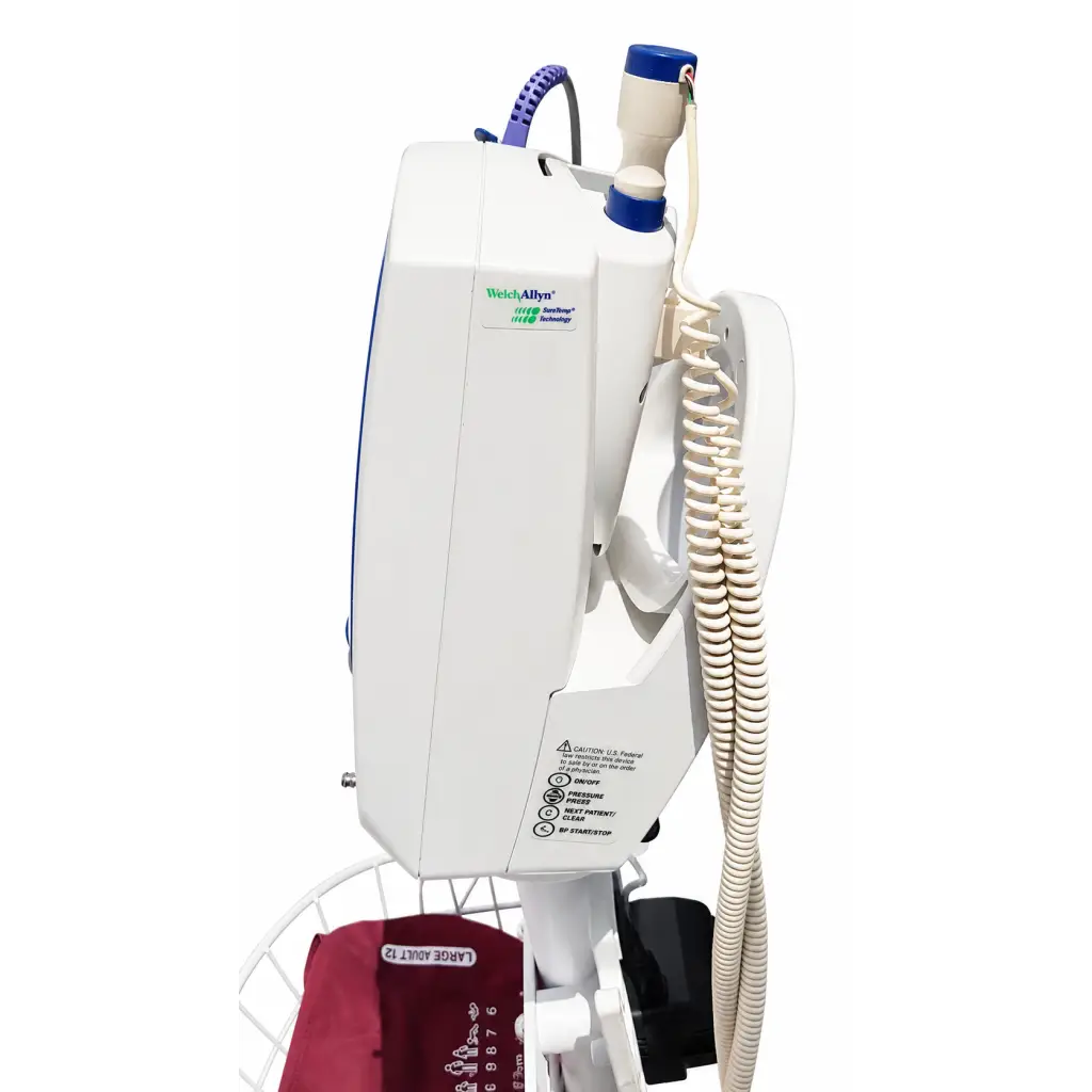 Welch allyn biomed certified vital signs monitor with white and blue accents and coiled tubing on rolling stand