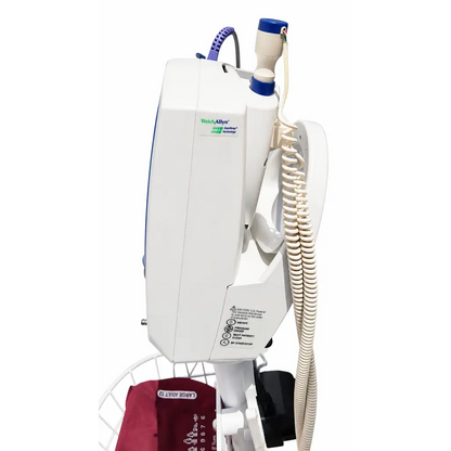Welch allyn biomed certified vital signs monitor with white and blue accents and coiled tubing on rolling stand