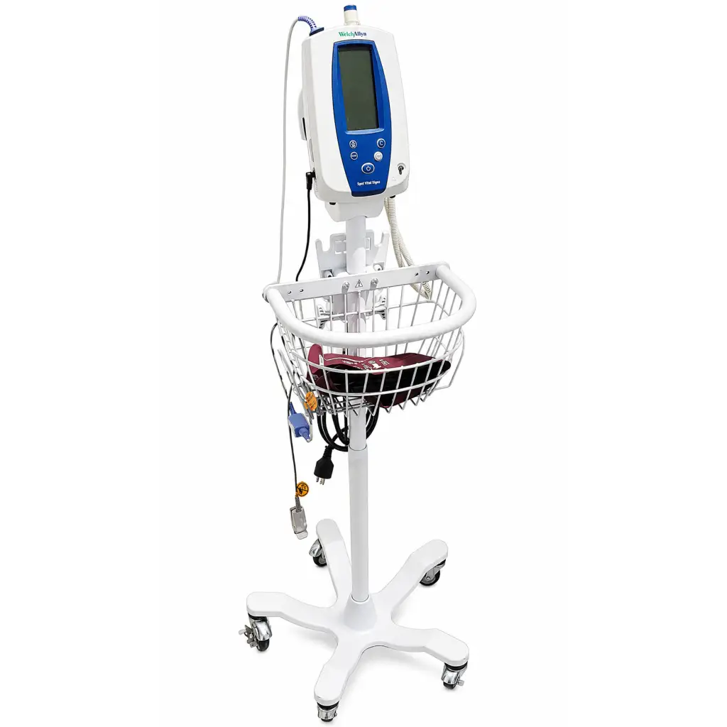 White medical infusion pump mounted on wheeled cart with wire basket for welch allyn biomed certified vital signs monitor