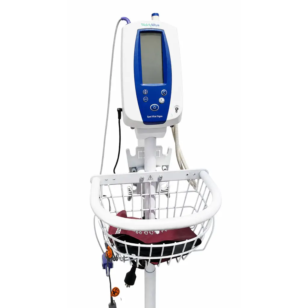 Welch allyn biomed certified white and blue spot vital signs monitor with rolling stand and wire basket base
