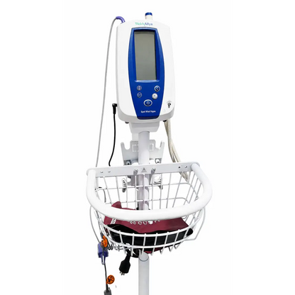Welch allyn biomed certified white and blue spot vital signs monitor with rolling stand and wire basket base