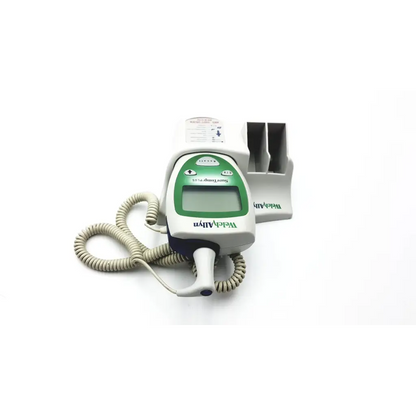 Welch allyn suretemp plus 690 digital thermometer with white and green body and coiled beige probe cable