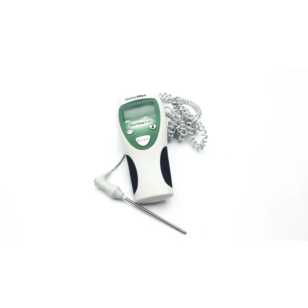White and green welch allyn suretemp digital food thermometer with coiled wire branded wiley-alpha model suretemp 105
