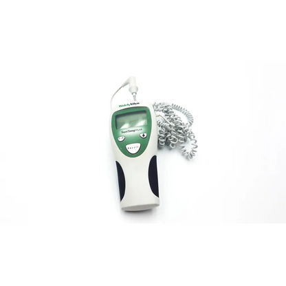 Green and white welch allyn suretemp plus digital thermometer with coiled gray cable for accurate temperature readings