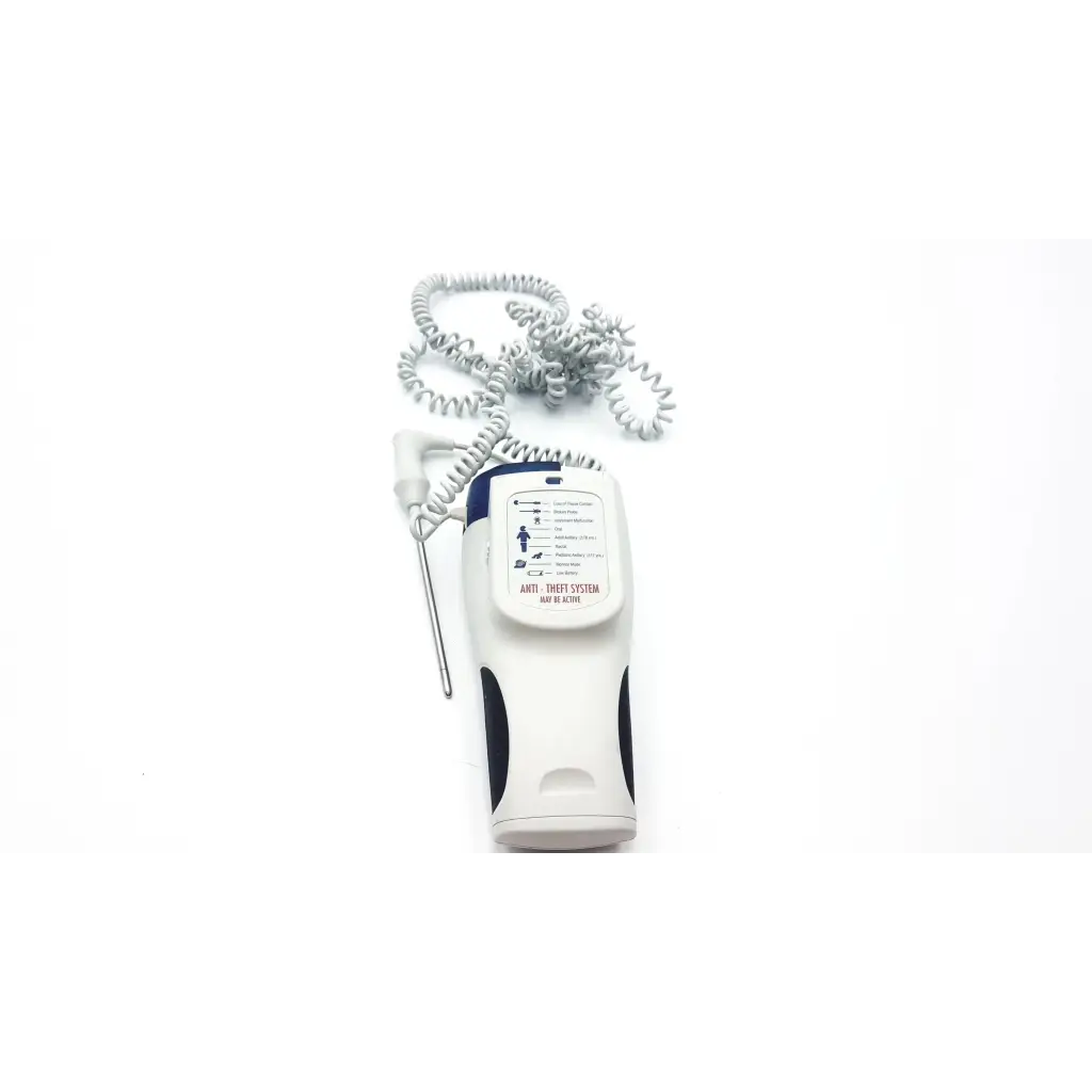 Welch allyn suretemp plus 690 handheld digital thermometer in white and navy blue with coiled gray probe cable