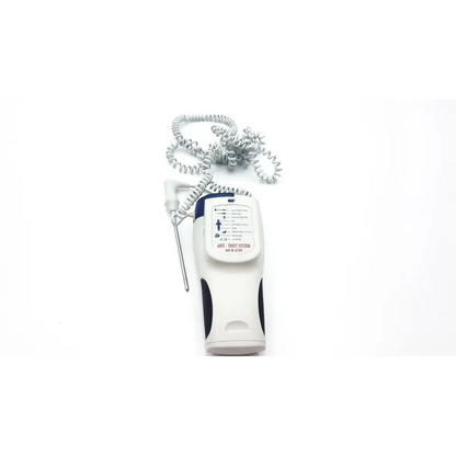 Welch allyn suretemp plus 690 handheld digital thermometer in white and navy blue with coiled gray probe cable
