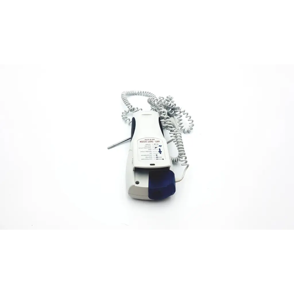 White and blue handheld skin tonometer with coiled gray cord in welch allyn suretemp plus 690 thermometer with probe