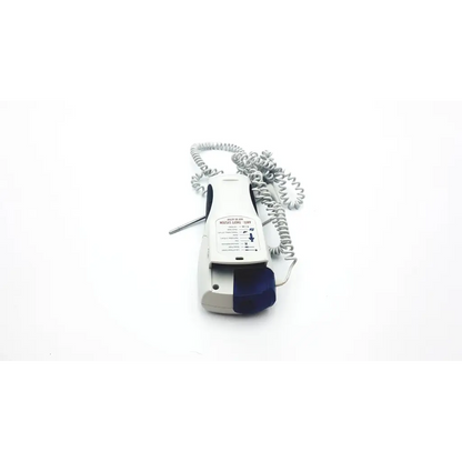 White and blue handheld skin tonometer with coiled gray cord in welch allyn suretemp plus 690 thermometer with probe