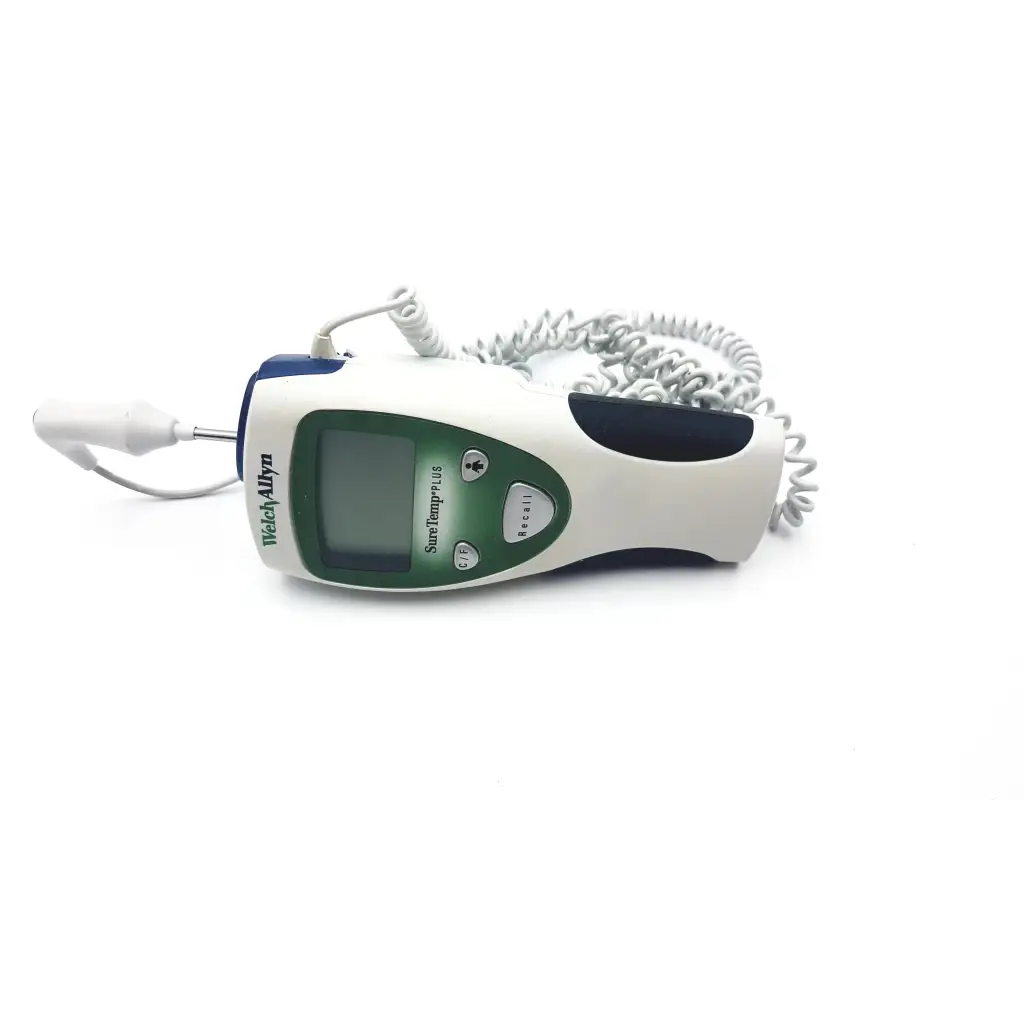 Welch allyn suretemp plus 690 digital thermometer with white and green body and coiled white probe cable