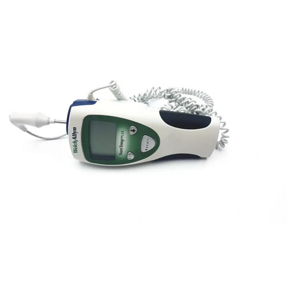 Welch allyn suretemp plus 690 digital thermometer with white and green body and coiled white probe cable