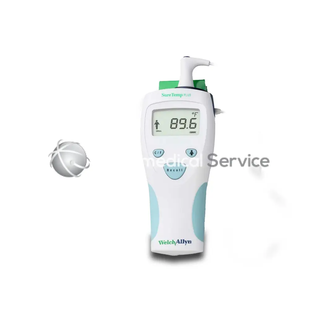 Welch Allyn Suretemp Plus handheld digital thermometer in white and light blue with green sensor tip for quick readings