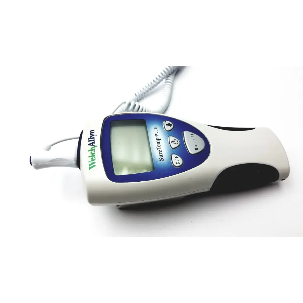 Welch allyn suretemp plus thermometer in white and blue with a coiled cable for fast digital temperature readings