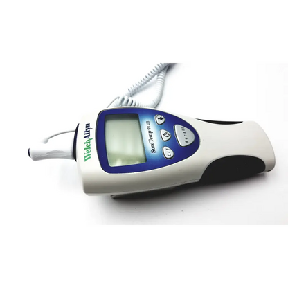 Welch allyn suretemp plus thermometer in white and blue with a coiled cable for fast digital temperature readings