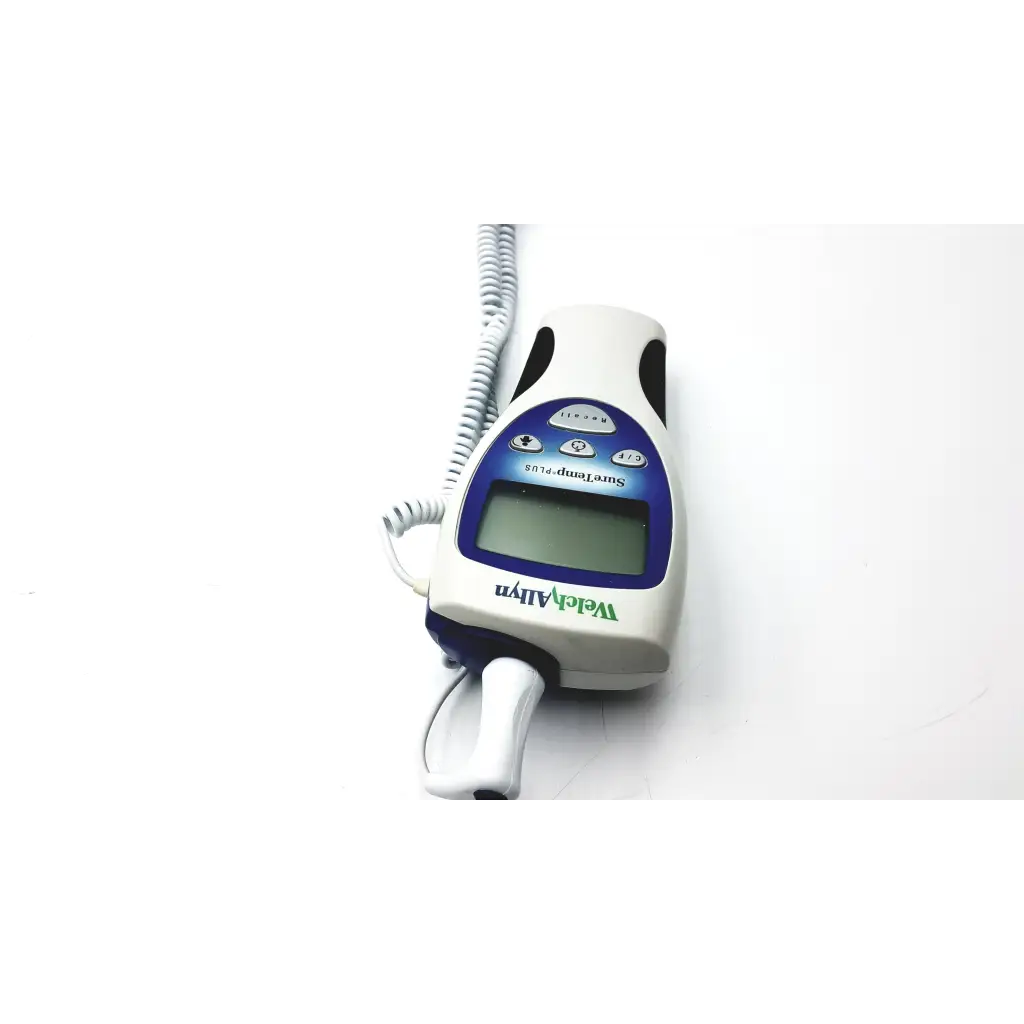 White and blue handheld digital welch allyn suretemp plus thermometer with coiled cable for precise temperature measurement