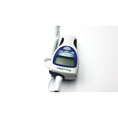 White and blue handheld digital welch allyn suretemp plus thermometer with coiled cable for precise temperature measurement