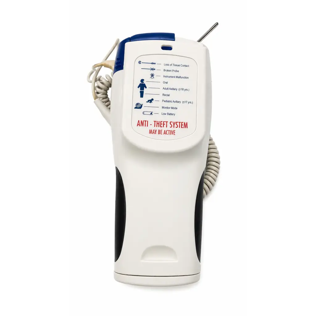 Welch allyn suretemp plus biomed certified handheld white and blue thermometer with black grip and anti-theft alert label