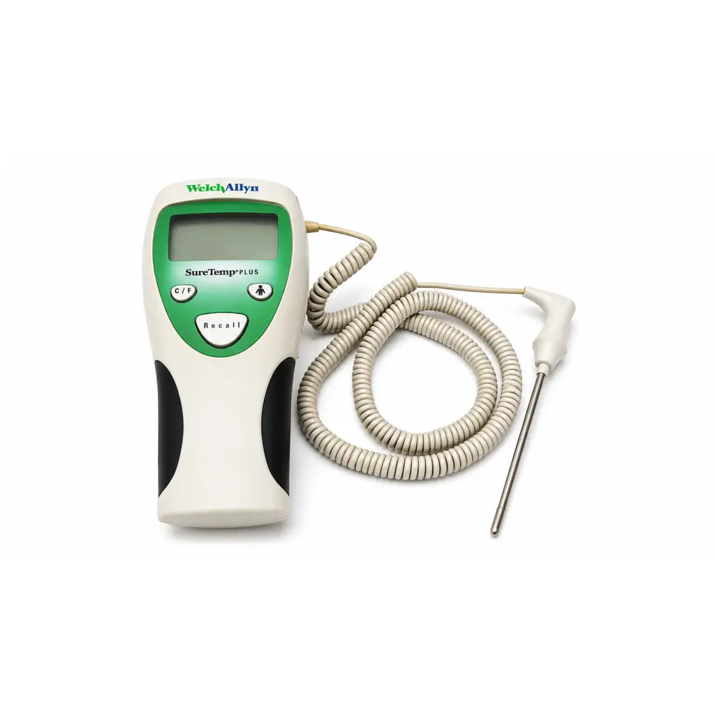 Welch allyn suretemp plus biomed certified digital thermometer with white and green body and coiled probe cable