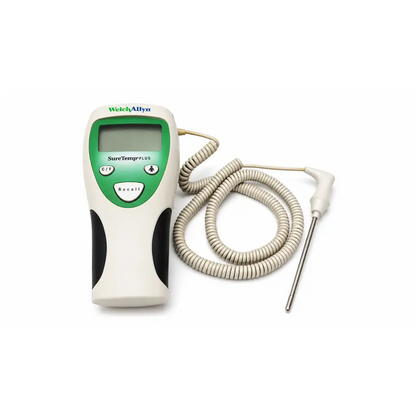 Welch allyn suretemp plus biomed certified digital thermometer with white and green body and coiled probe cable