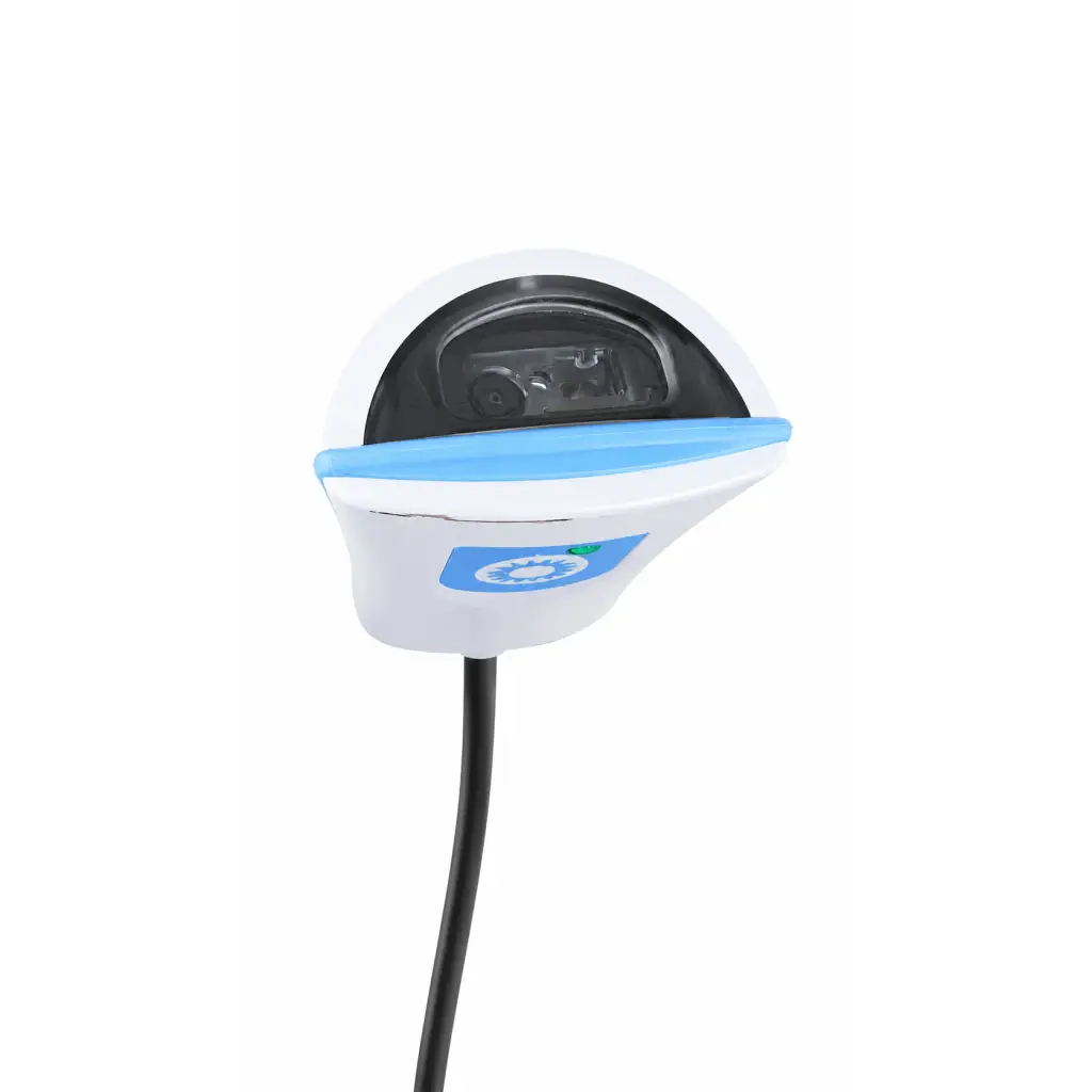 White and light blue plastic car charger with black interior housing for welch allyn vital signs monitor mobile stand