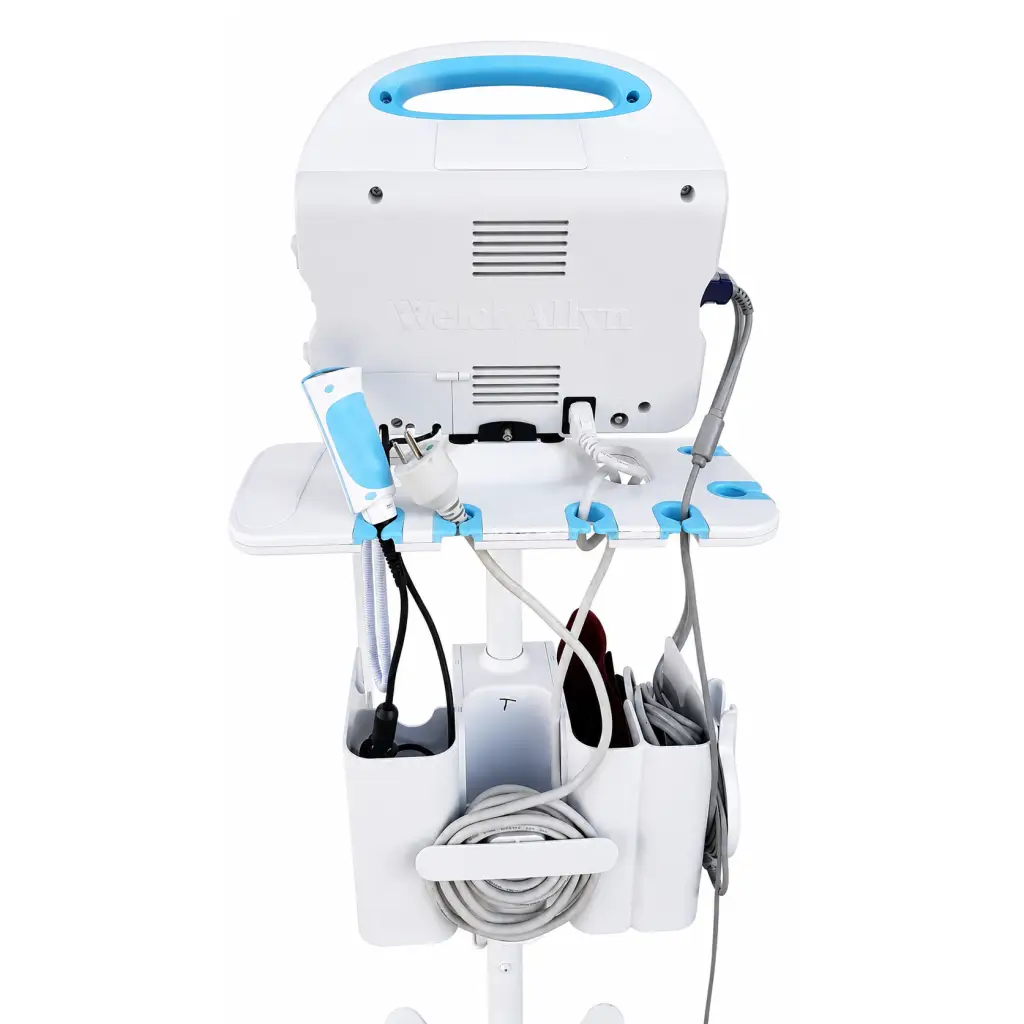 Welch Allyn vital signs monitor on a white and blue mobile stand with handle and organized compartments