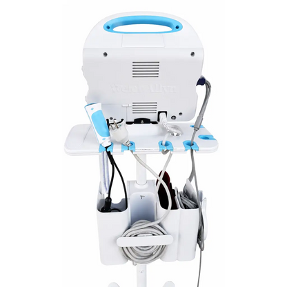 Welch Allyn vital signs monitor on a white and blue mobile stand with handle and organized compartments