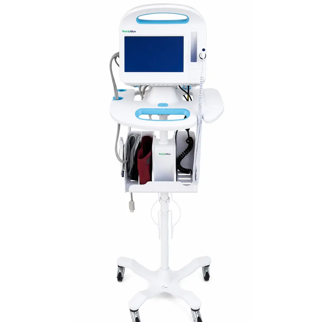 Welch allyn vital signs monitor with white and light blue mobile stand and storage compartments on wheels