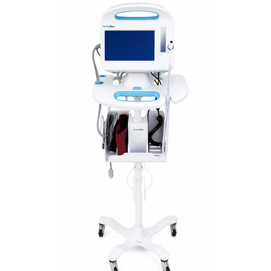 Welch allyn vital signs monitor with white and light blue mobile stand and storage compartments on wheels