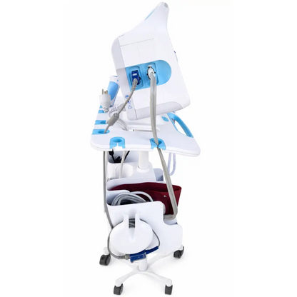 White and light blue welch allyn vital signs monitor with mobile stand and storage compartments