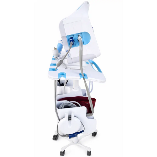 White and light blue welch allyn vital signs monitor with mobile stand and storage compartments