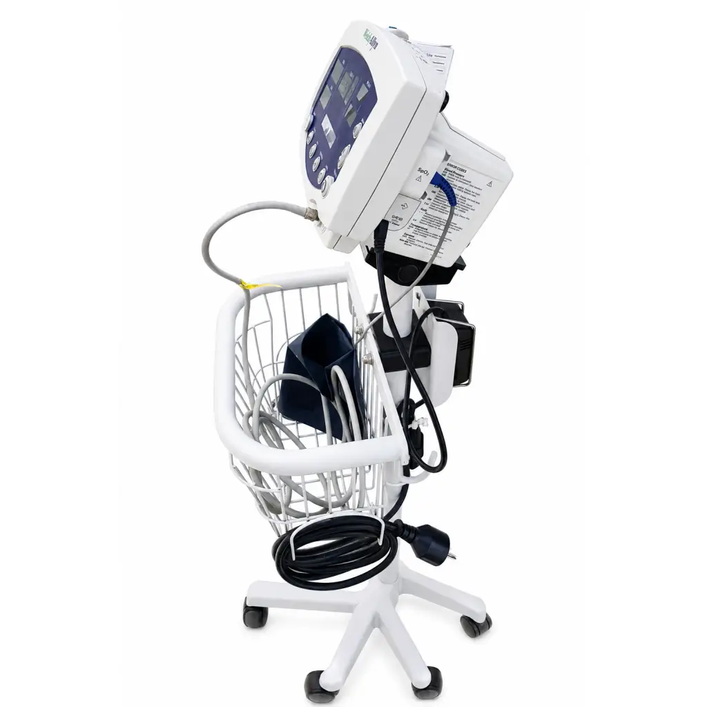 White welch allyn vital signs monitor on rolling stand with wire basket displaying patient data