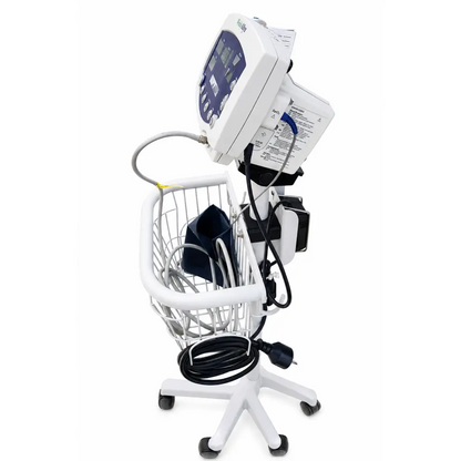 White welch allyn vital signs monitor on rolling stand with wire basket displaying patient data