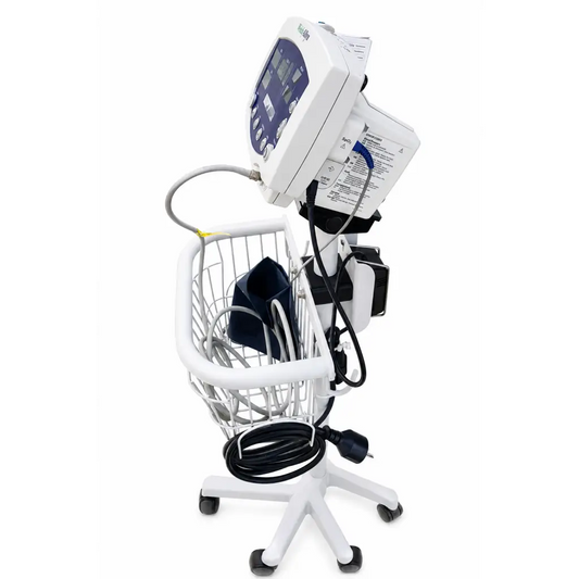 White welch allyn vital signs monitor on rolling stand with wire basket displaying patient data