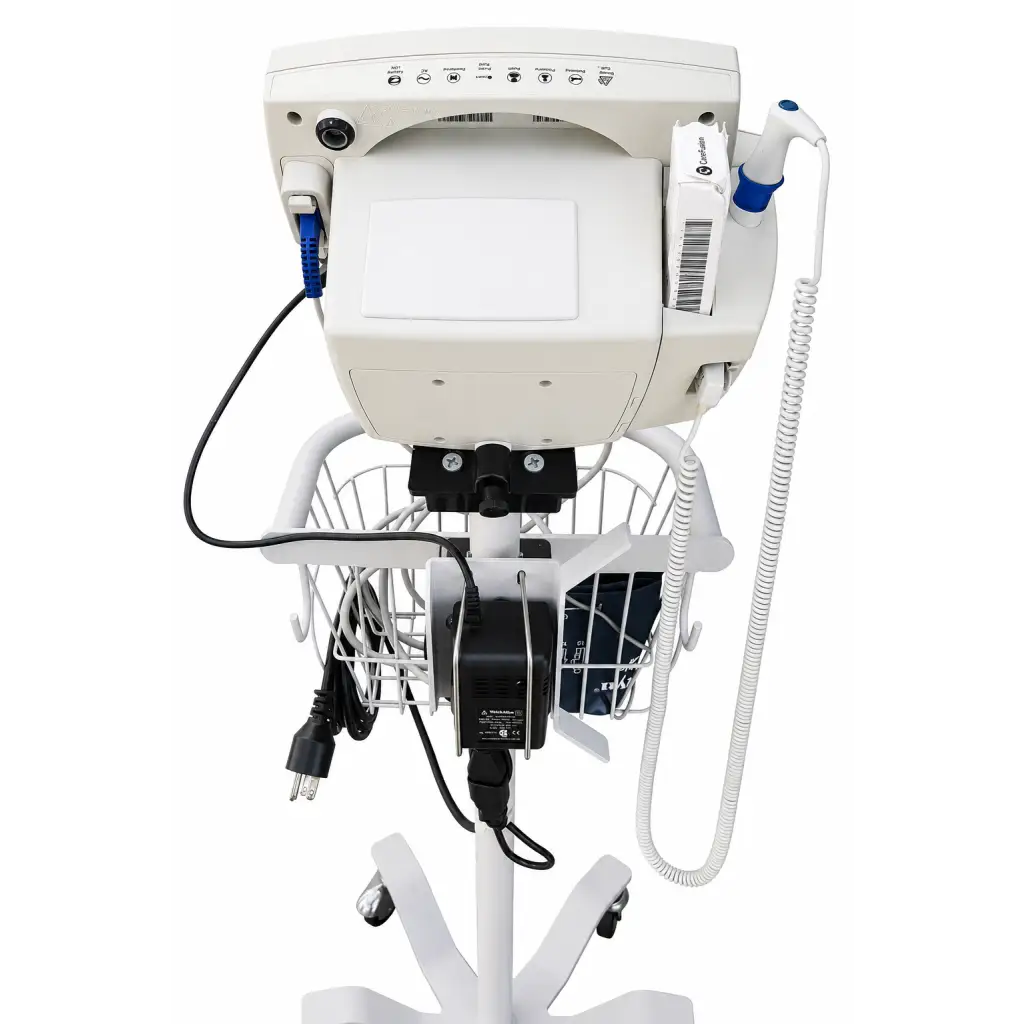 Welch Allyn white vital signs monitor on wheeled rolling stand with attached wire basket and cables