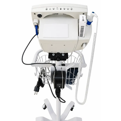 Welch Allyn white vital signs monitor on wheeled rolling stand with attached wire basket and cables